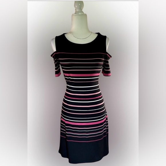 White House Black Market Dresses & Skirts - White House Black Market Striped Cold Shoulder Dress Pink Black White Size S